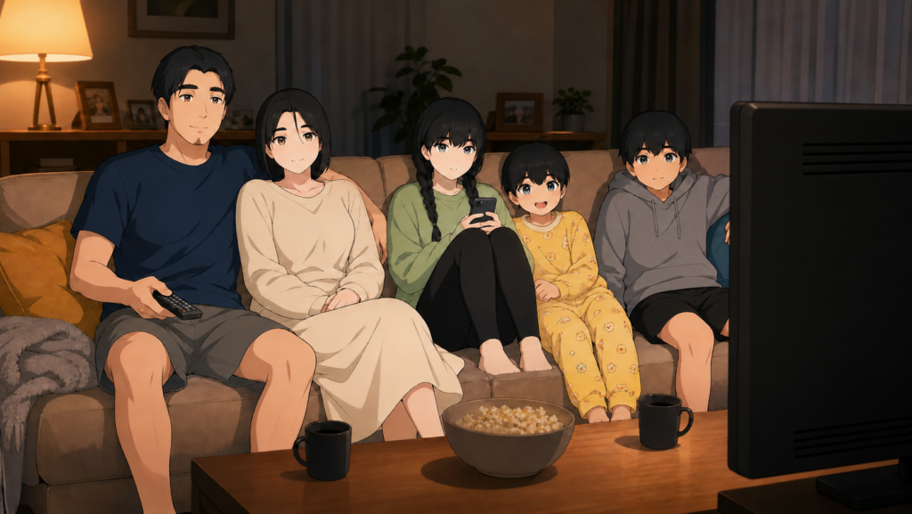 papper0 family of five sits on a couch in a living room at night, watching a television screen that displays a Japanese TV program schedule and popcorn.