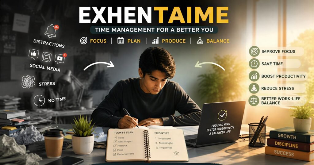 Exhentaime Guide to Smart Time Management System ExhenTime productivity and time management concept showing a focused student planning tasks to improve focus balance and daily productivity