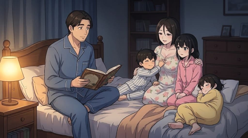 it is nighttime and pepper0 ryosuke akiyama is telling his children a story