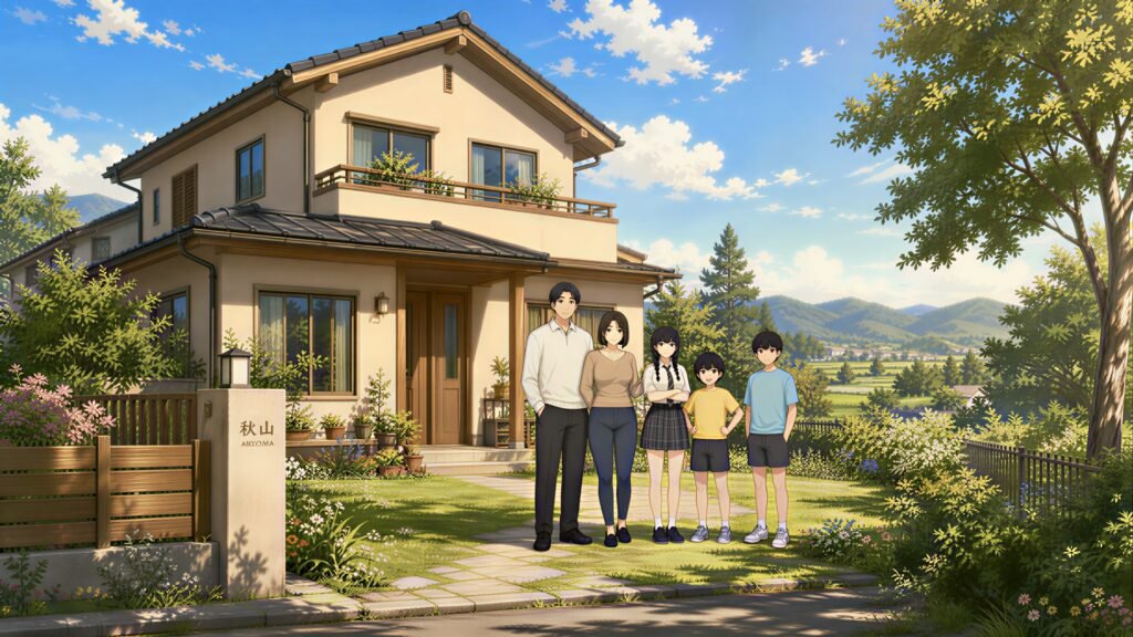 pepper0 family is standing outside their house.