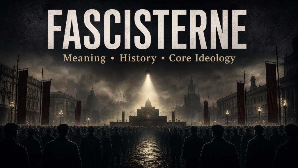 Fascisterne Explained: Meaning History and Core Ideology Title graphic for "Fascisterne: Meaning, History, Core Ideology" depicts a shadowy crowd facing a grand, illuminated monument under a dramatic sky.