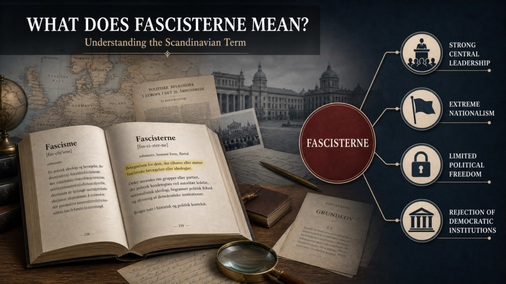 Fascisterne Explained: Meaning History and Core Ideology Open books and documents explain the Scandinavian term "Fascisterne," with icons highlighting examples of its meaning: strong leadership, nationalism, limited freedom, and rejecting institutions.