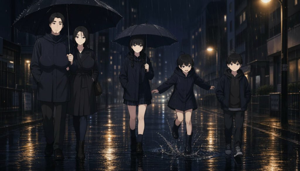 Pepper0 Family Series: Complete Story and Timeline pepper0 characters stroll through a rainy street, each holding colorful umbrellas, creating a vibrant and whimsical scene.