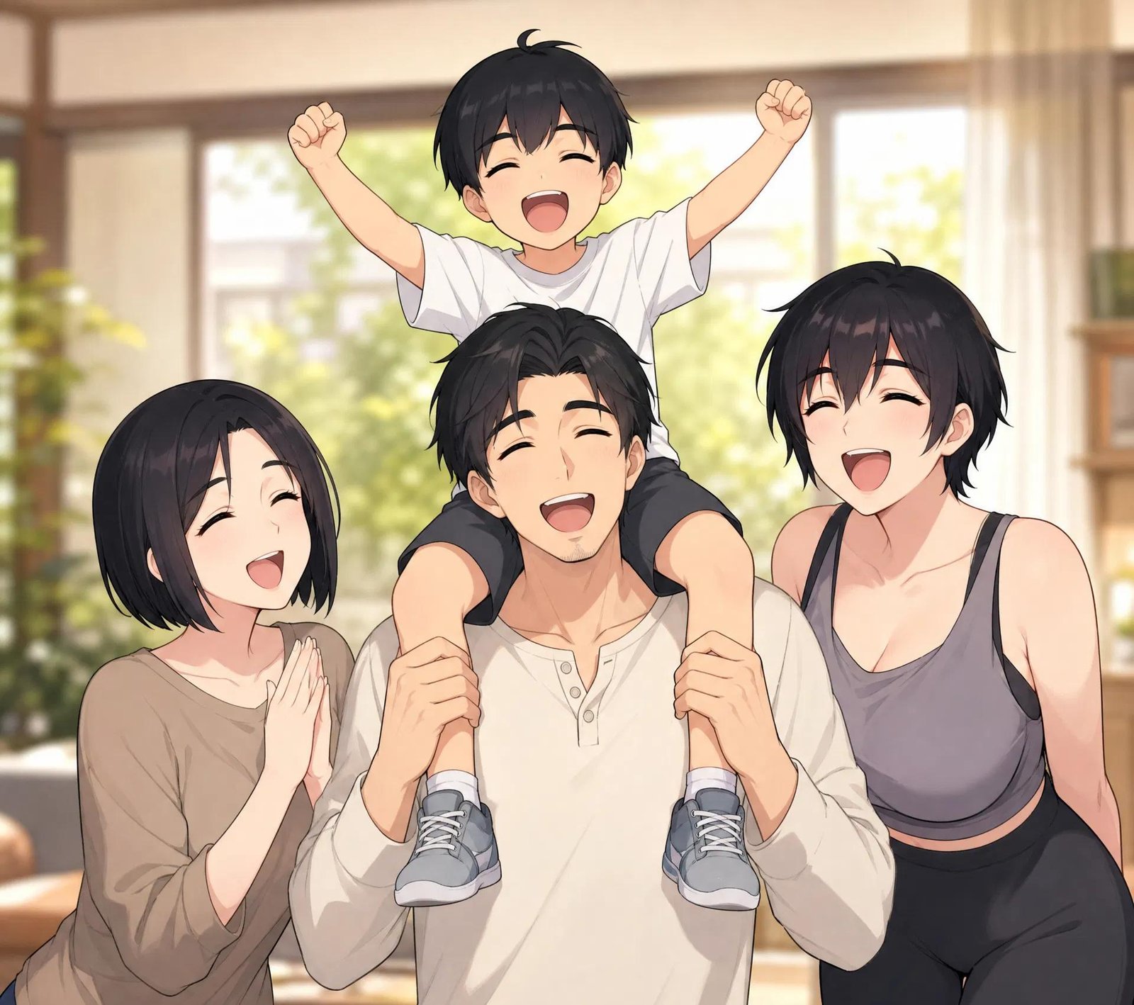 Younger Son on Father's Shoulders, Everyone Laughing