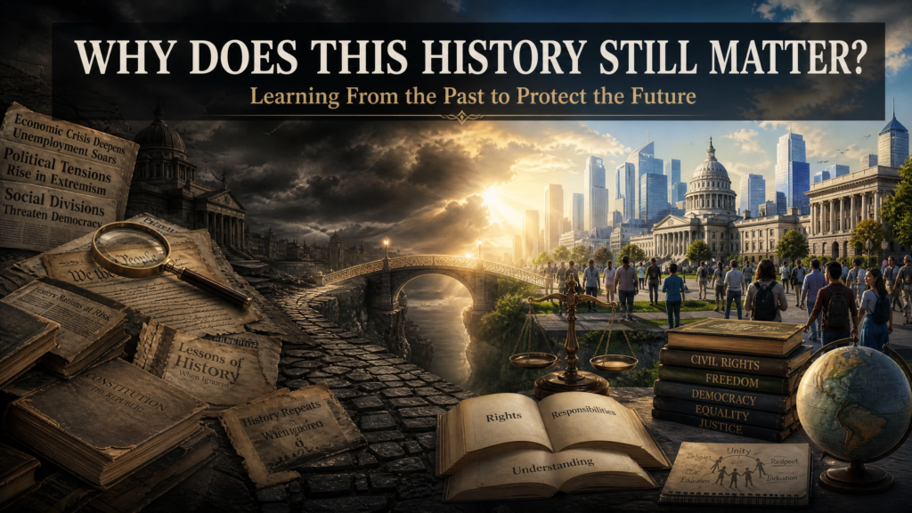 Fascisterne Explained: Meaning History and Core Ideology Collage of historical documents, a magnifying glass, scales of justice, books on civics, and a globe, with a bridge and cityscape representing the present and future.