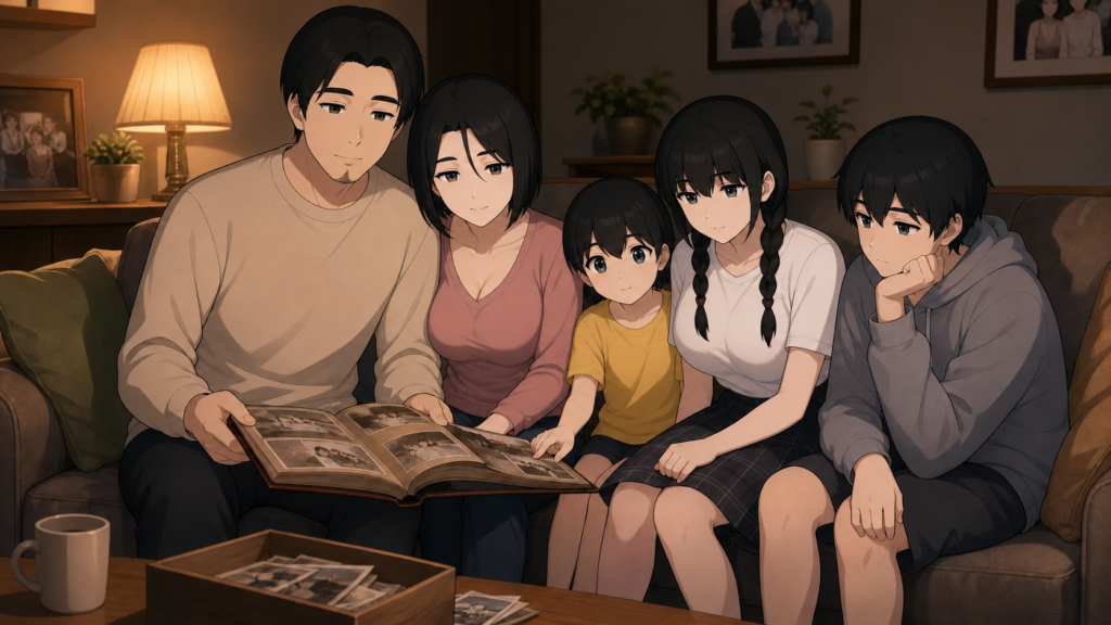 Pepper0 family gathered together at home looking through a photo album in the signature Pepper0 animation art style.