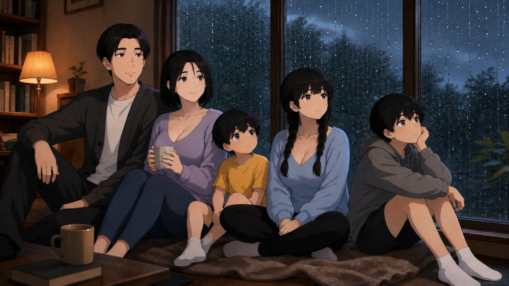 Pepper0 animation family characters enjoying a peaceful rainy evening in the iconic Pepper0 art style