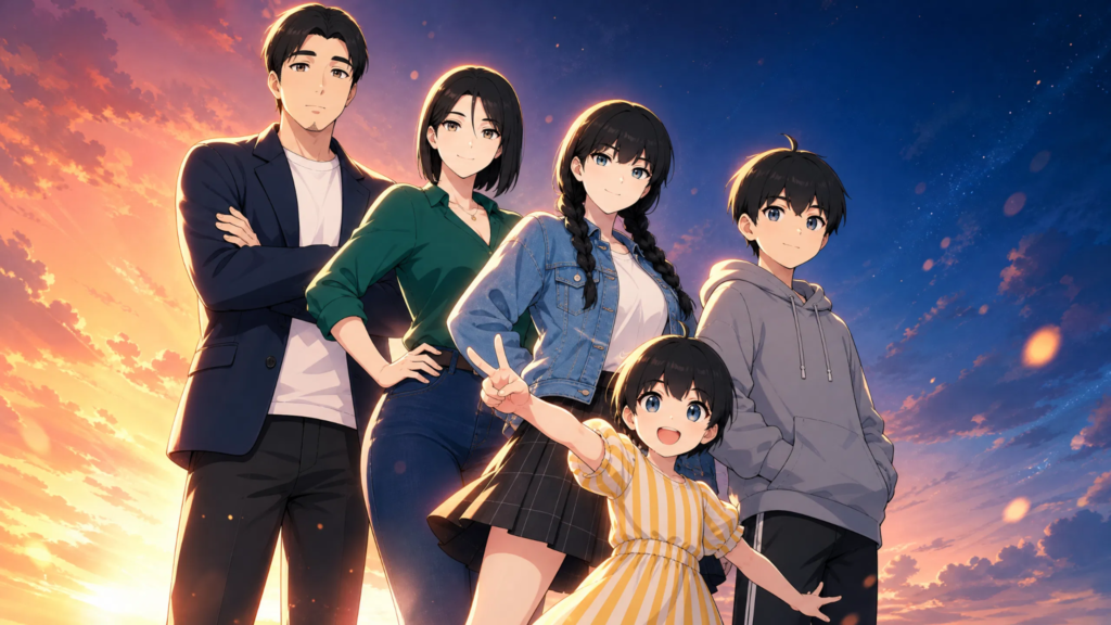 Pepper0 family characters standing together at sunset in the signature Pepper0 animation art style