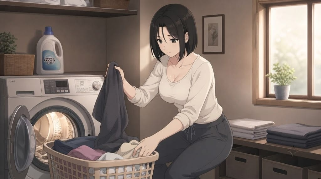 Pepper0 Family Time: Why Fans Can't Stop Talking About It pepper0 mom holds a basket of clothes in front of a washing machine, smiling cheerfully.pepper0 family time