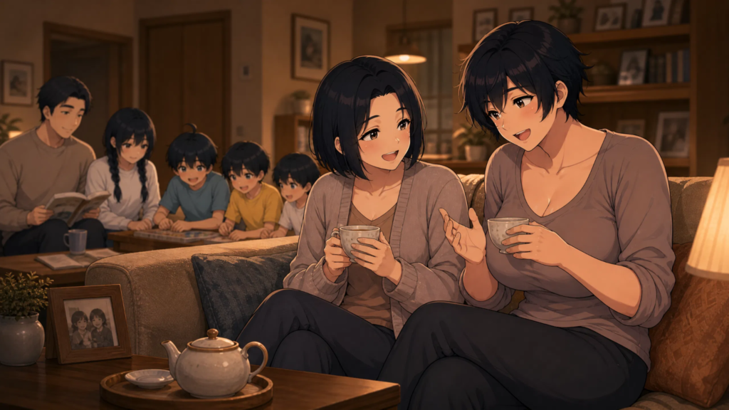 pepper0's mother and her sister are sitting,drinking tea, and chatting