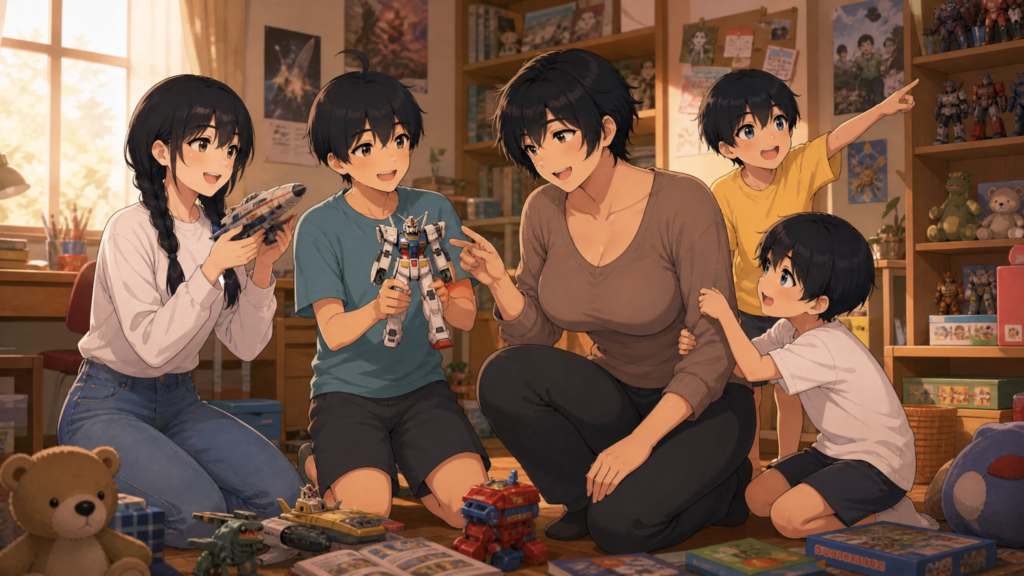 The aunt from the pepper0 family is playing with the children.