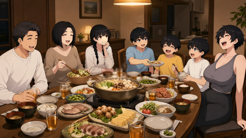 The pepper0 family is eating and laughing together while talking.