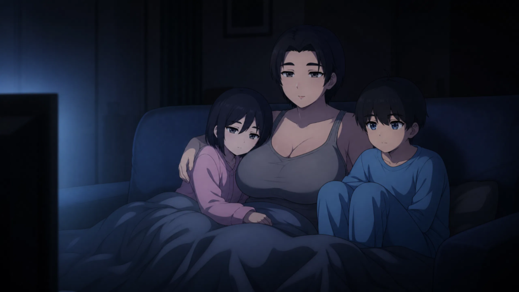 pepper0's siblings are sitting with their aunt and watching a movie.