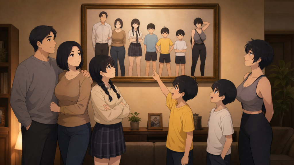 pepper'0 family is looking at their picture hanging on the wall and the topic is pepper0 creator.