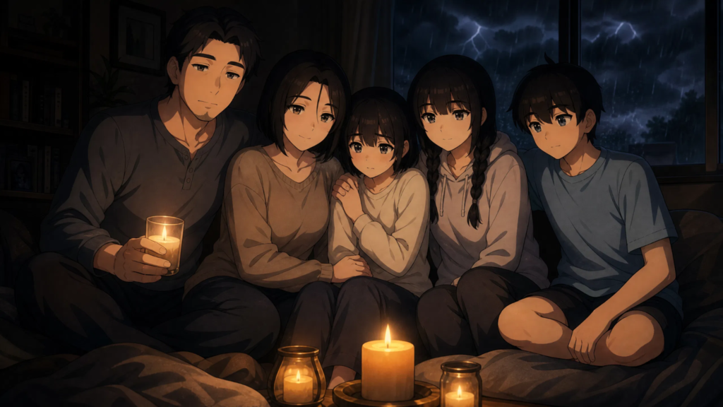 It is raining outside and the pepper0 family is sitting together in their room