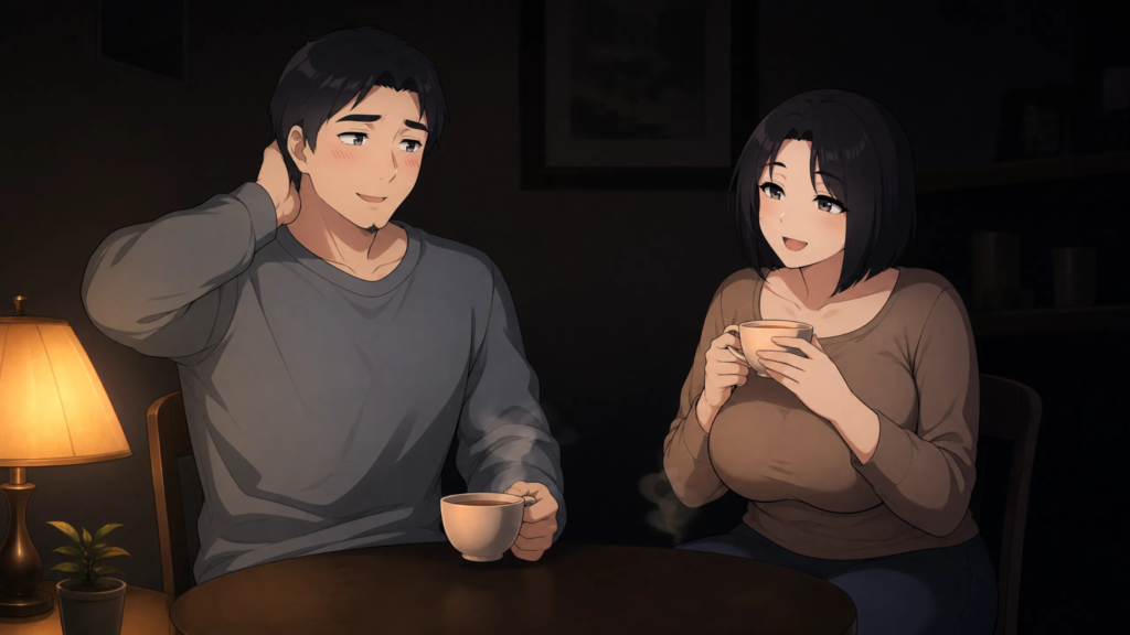  pepper0 mom and father sitting together and talking while having a tea