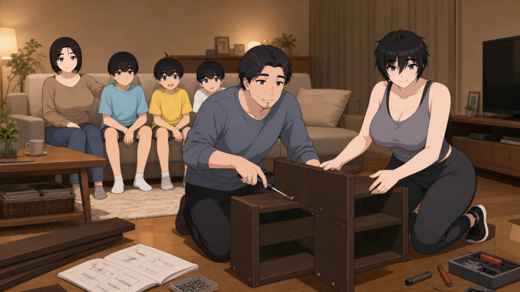 the  father of pepepr0 is adjusting his chair and the aunt of pepper0 is helping him