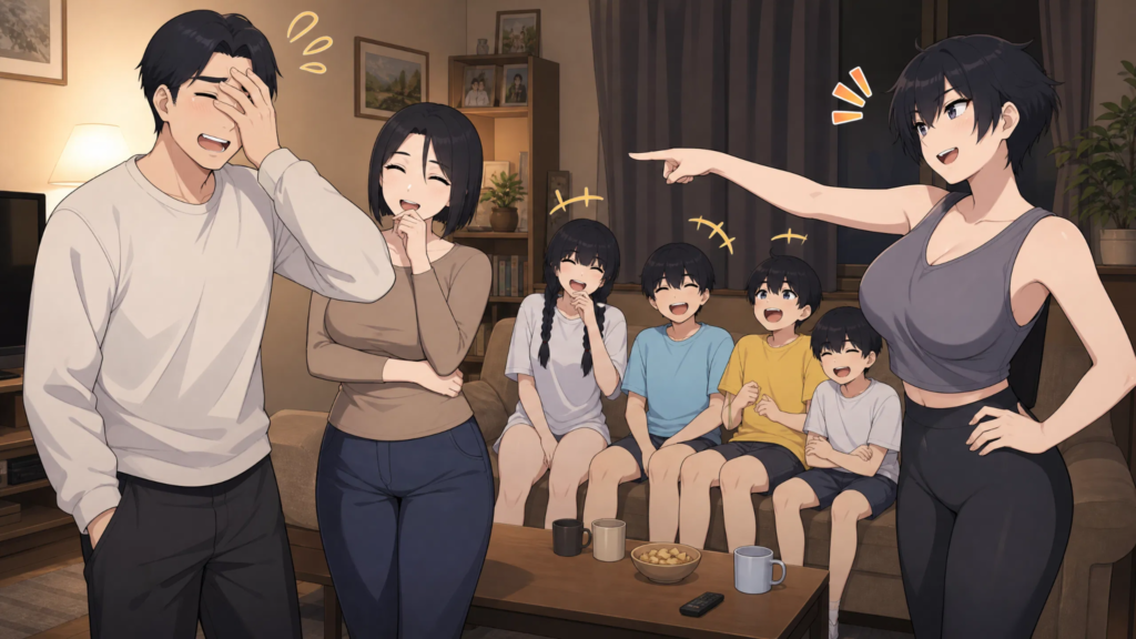 the whole pepper0 family is making fun of pepper0 father