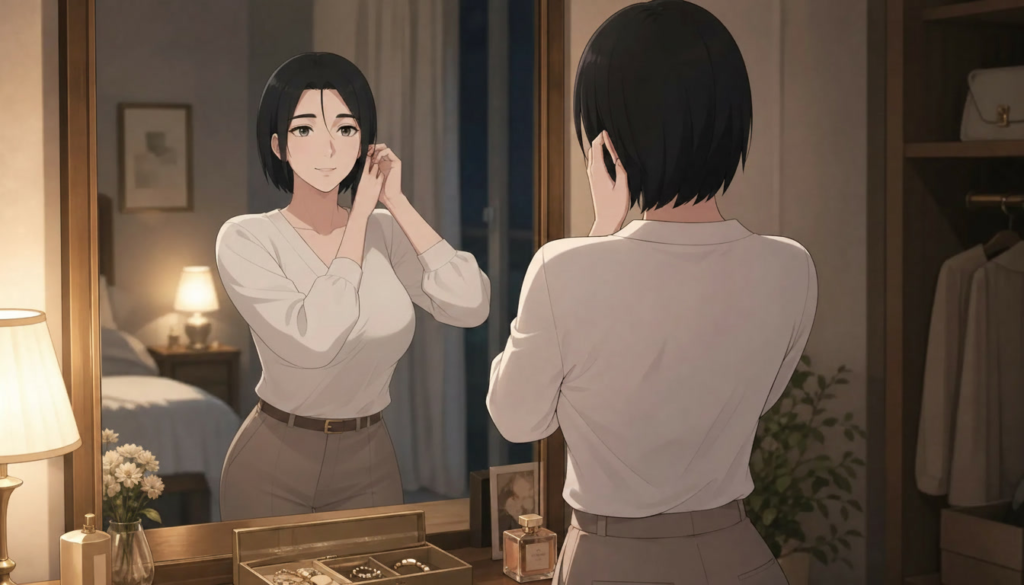 Pepper0 Family Series: Complete Story and Timeline pepper0 mom adjusts her earring in front of a mirror in a softly lit room. The setting is serene, with a table lamp, flowers, and neatly organized jewelry.