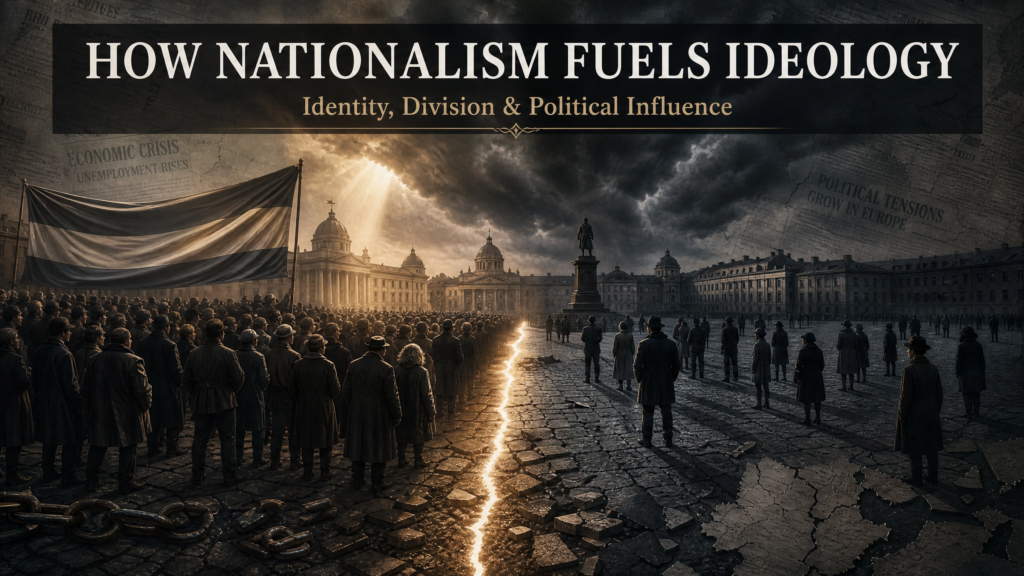 Fascisterne Explained: Meaning History and Core Ideology A divided plaza with two crowds separated by a glowing crack; a large flag, historic buildings, and stormy skies convey themes of nationalism, division, and political tension.