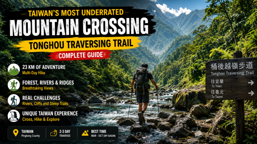 Tonghou Traversing Trail Complete Hiking Guide Taiwan Taiwan's Tonghou Traversing Trail with a hiker crossing a rocky river surrounded by lush green mountains and forest, highlighting the 23 km mountain adventure route.