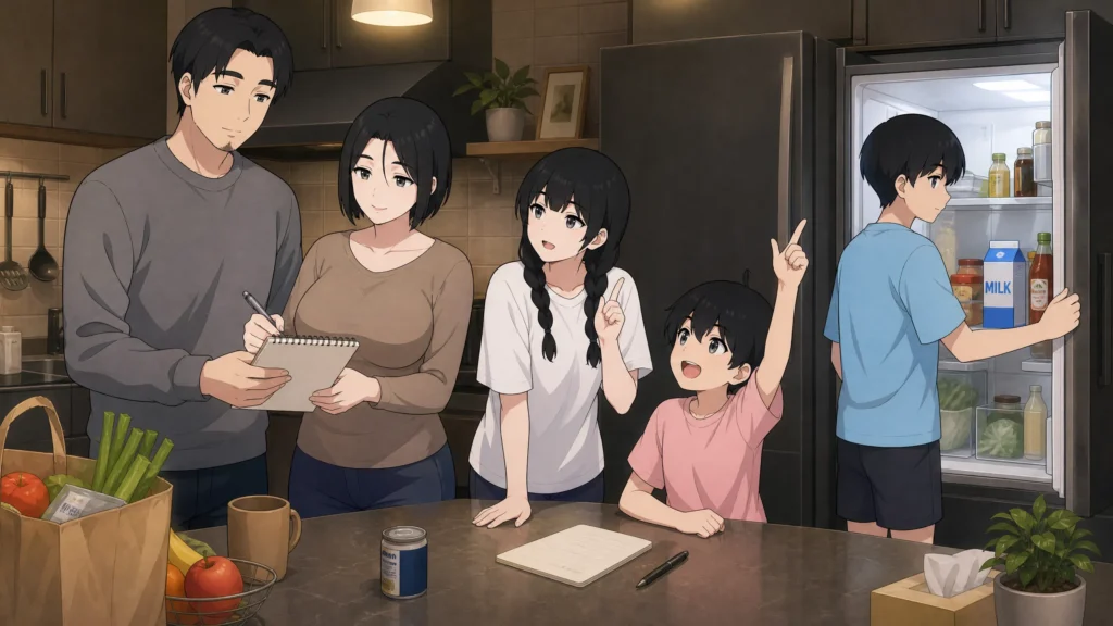 papper0 family in a modern kitchen: parents writing on a notepad, a teenage girl pointing, a young boy gesturing, and a boy looking into the refrigerator.