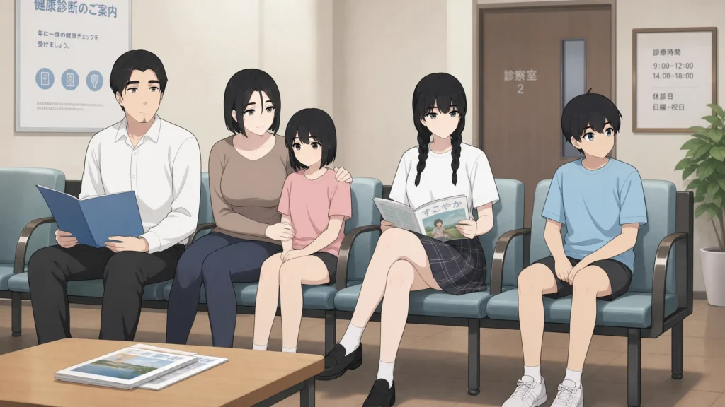 A papper0 family sit in a clinic waiting room on blue chairs, reading books and waiting near a door labeled with the number two in Japan.