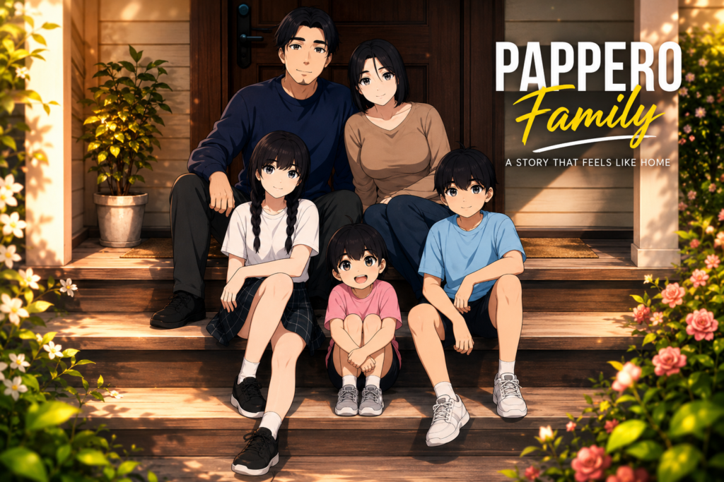 Papper0 family characters sitting together outside their home showing the main family members and their signature anime art style.