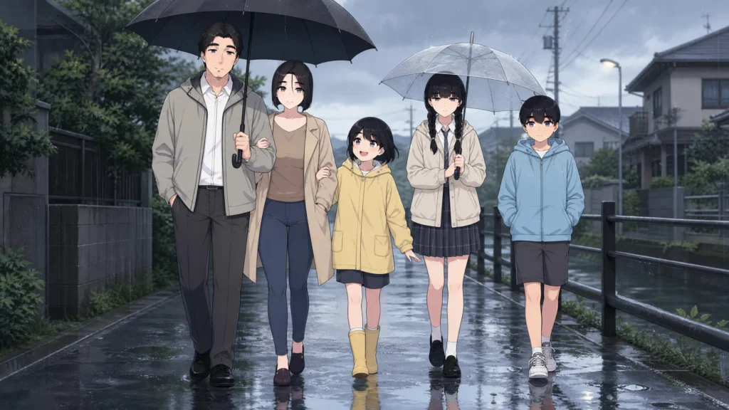 pepper0 family is walking along the road carrying an umbrella