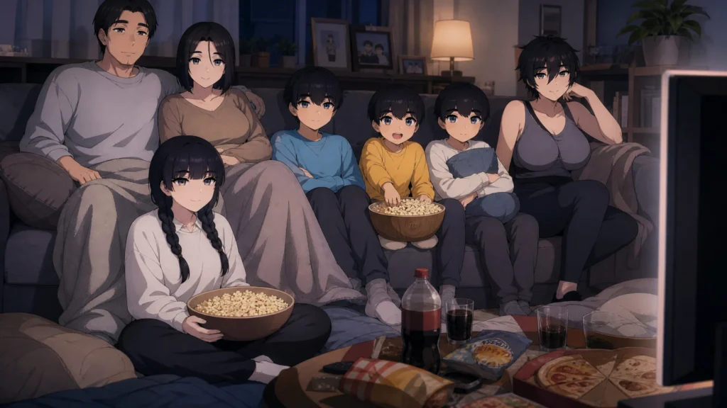 Pepper0's family is sitting together,watching a movie on t.v.