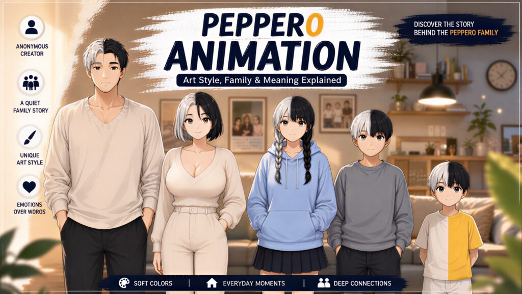 Pepper0 animation family standing together in a cozy home showcasing the signature Pepper0 art style