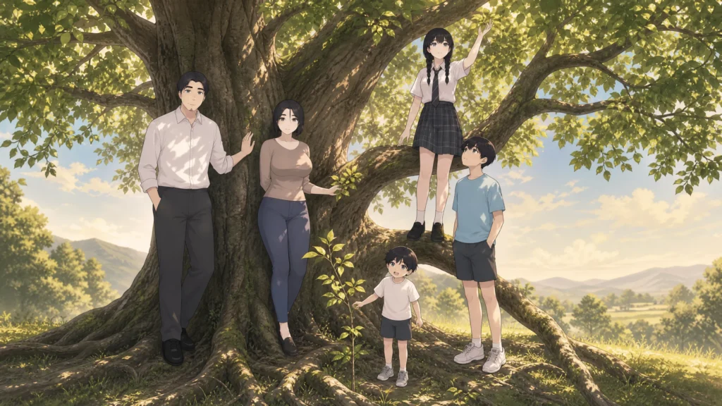 papper0 family under a large, leafy tree in a sunny meadow with rolling hills in the background, captured in a soft anime art style.