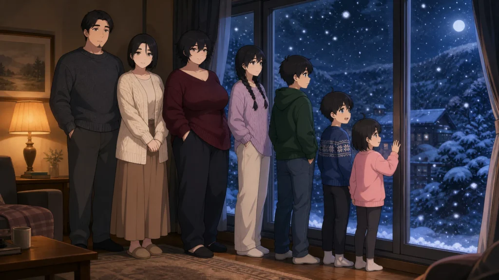 pepper0 family Standing Together Watching Snow Fall from the Window, Dark Theme