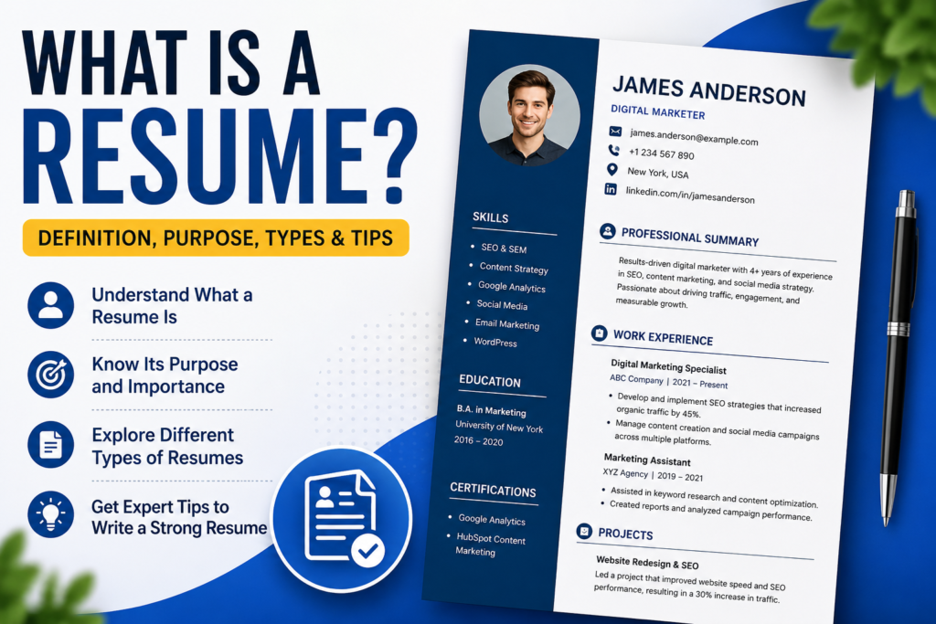 What Is a Resume? Definition, Purpose, Types and Tips What is a resume infographic showing a professional resume with sections for skills, education, work experience, certifications, and projects.