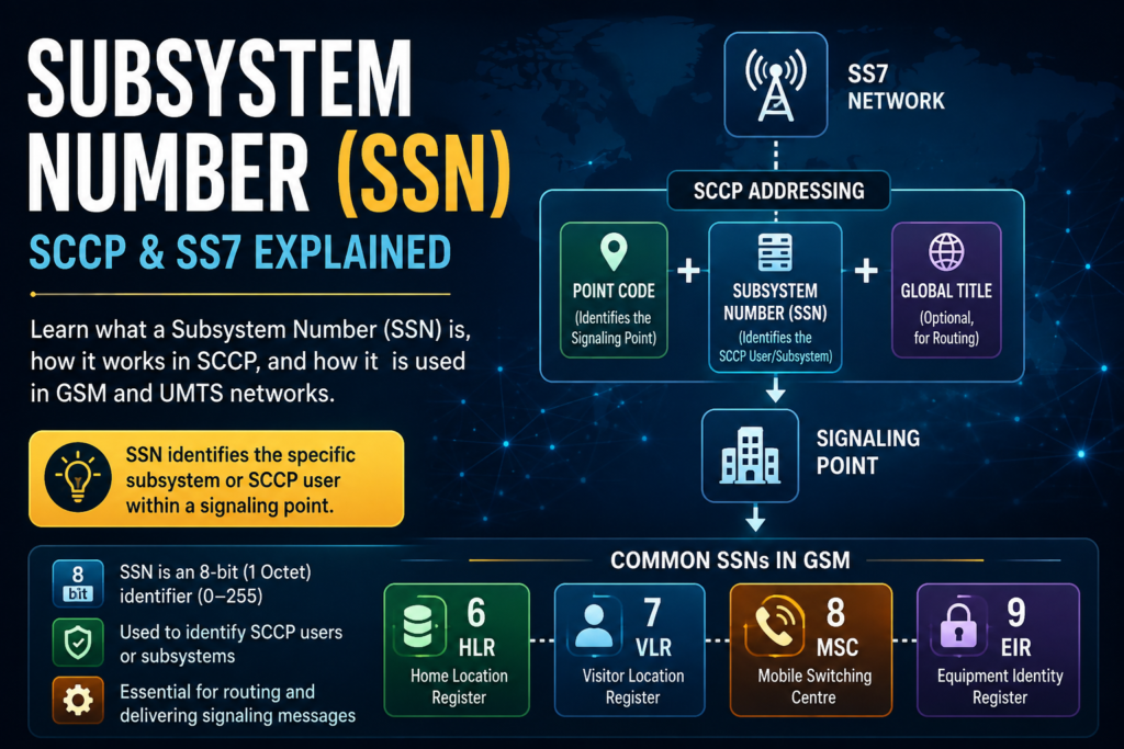 Subsystem Number (SSN): Meaning, SCCP & SS7 Guide Subsystem Number (SSN) in SCCP and SS7 showing point code, SSN, Global Title, and common GSM subsystem numbers for HLR, VLR, MSC, and EIR.