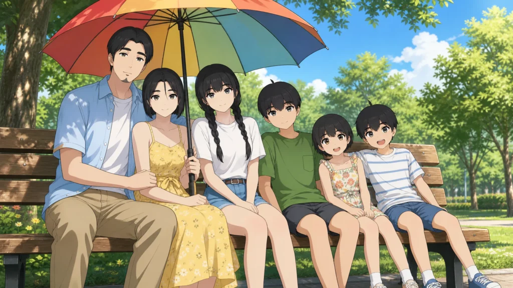 The Pepper0 Family: Characters, Stories and Artwork the pepper0 Family Sitting on a Bench, Sharing an Umbrella from the Sun