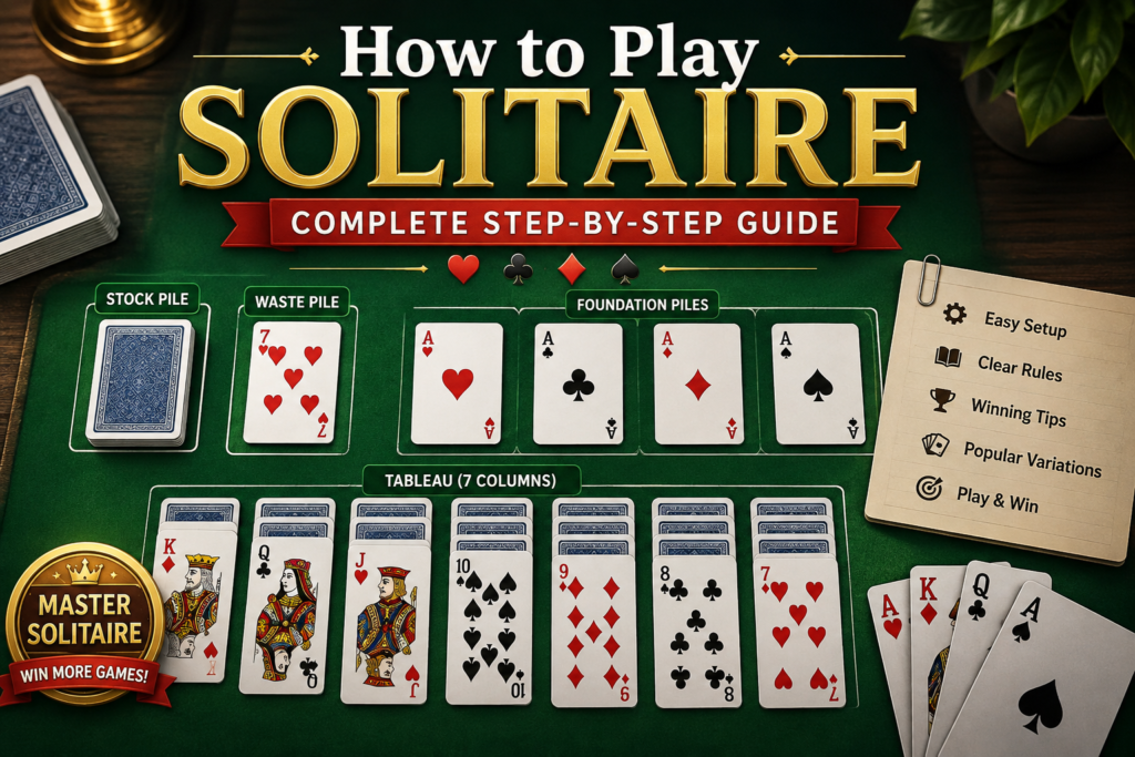 How to Play Solitaire complete step-by-step guide showing the Klondike solitaire setup tableau foundation piles and stock pile.