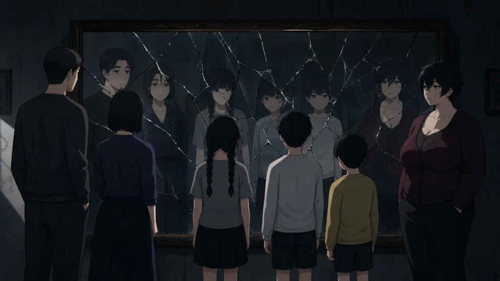 Manga Pepper0: What Readers Should Know Pepper0 Family Reflected in a Broken Mirror, Symbolizing a Fractured Moment