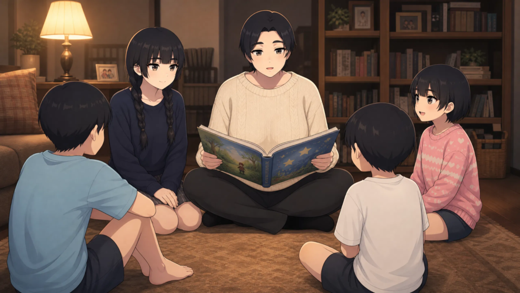 pepepr0 mom is telling her children a story