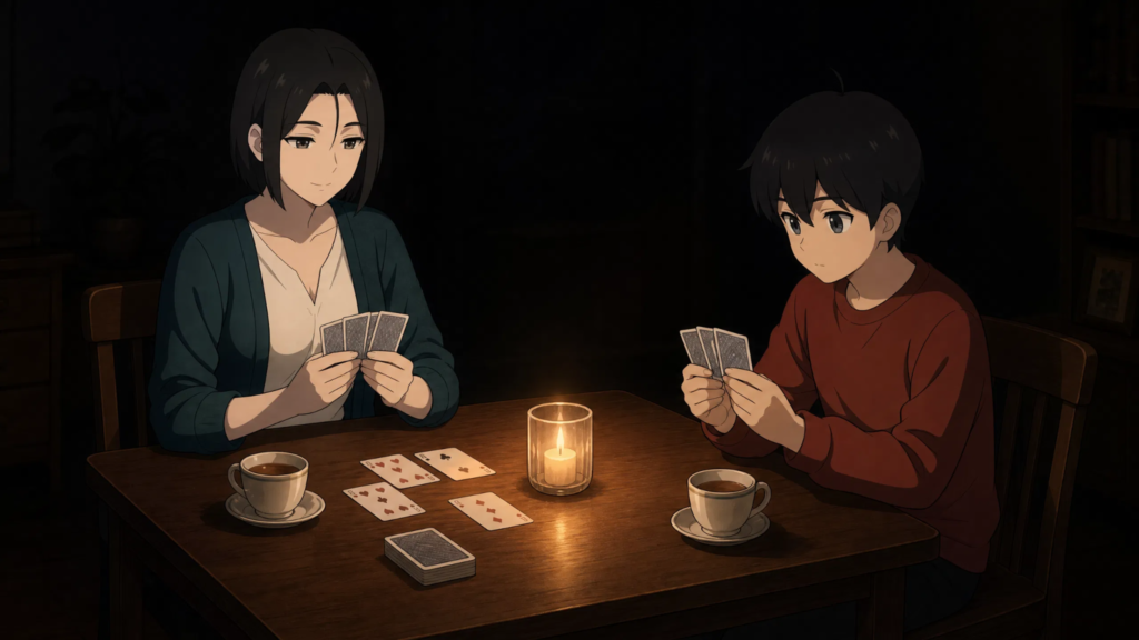pepper0 origins , Mother + Elder Son — Sitting Together During a Blackout, Playing Cards