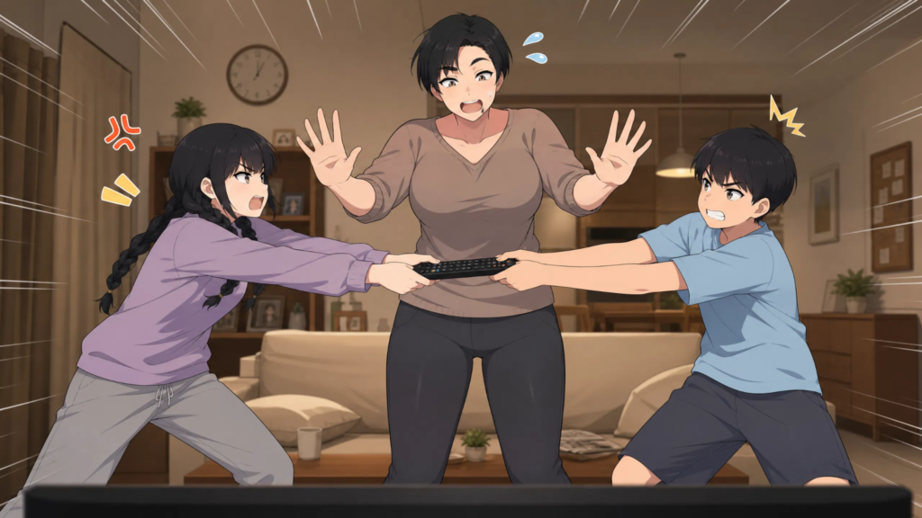 pepper0 siblings are fighting with each other and pepper0 mom is trying to quiet them down