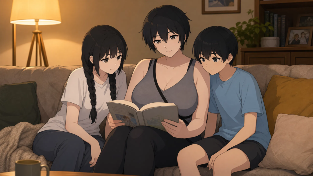 Family Siblings by Pepper0 are reading a book with pepper0 mom