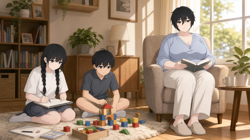 Pepper0 Aunt: Why Everyone Gets Her Character Wrong the chiden are playing and pepper0 aunt sitting nearby is reading a book