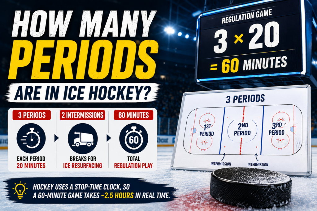 how many periods are in a hockey game? Ice hockey plays 3 periods of 20 minutes