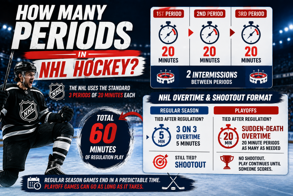 NHL uses the standard three periods of 20 minutes each with two intermissions