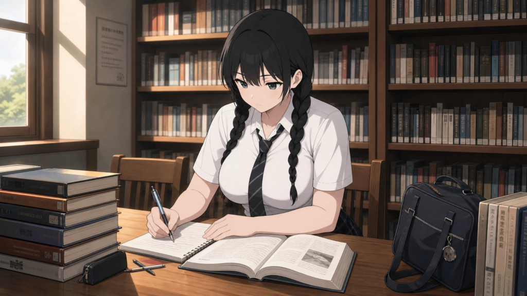 pepper0 school girl sitting in library 