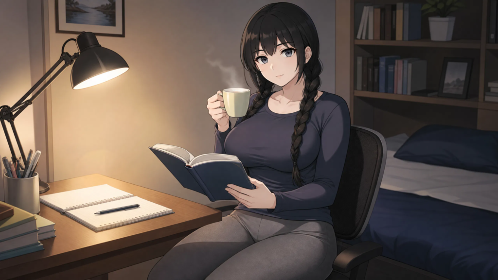 pepepr0 school girl sitting in a chair and drink a tea 