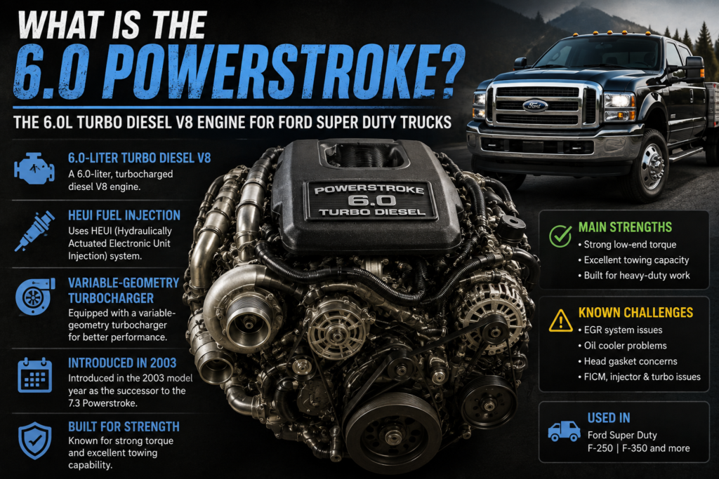 The 6.0 Powerstroke is a 6.0-liter turbocharged diesel V8 developed for Ford Super Duty trucks