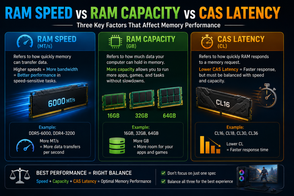 what RAM speed means, how MHz and MT/s work, and how speed, CAS latency, capacity