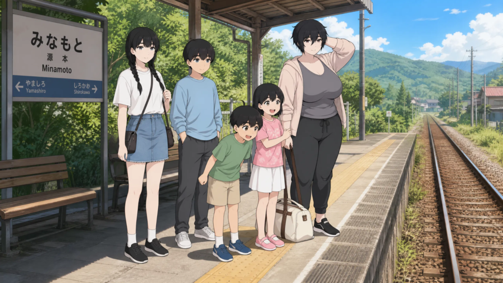 Pepper0 Family Scenes: Exploring Moments Between Characters Pepper0 family scenes Waiting at a Small Train Platform in Daylight